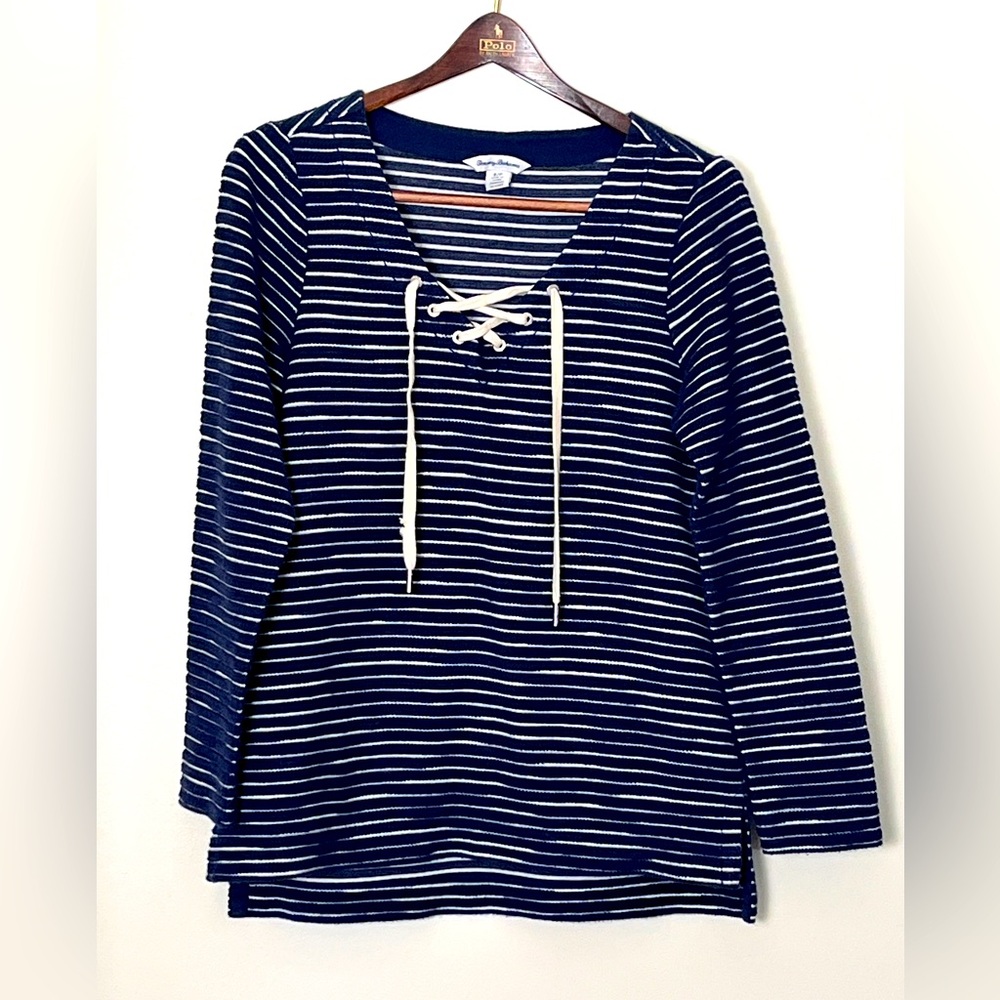 Tommy Bahama Sweater Women’s Small V-Neck Striped‎ Navy Nautical Lace Up Preppy
